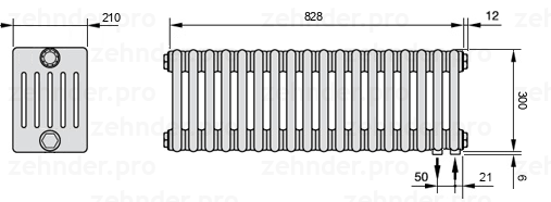 Схема (чертеж) Радиатор Zehnder Charleston 6030/18 №5510 Белый глянцевый RAL 9016